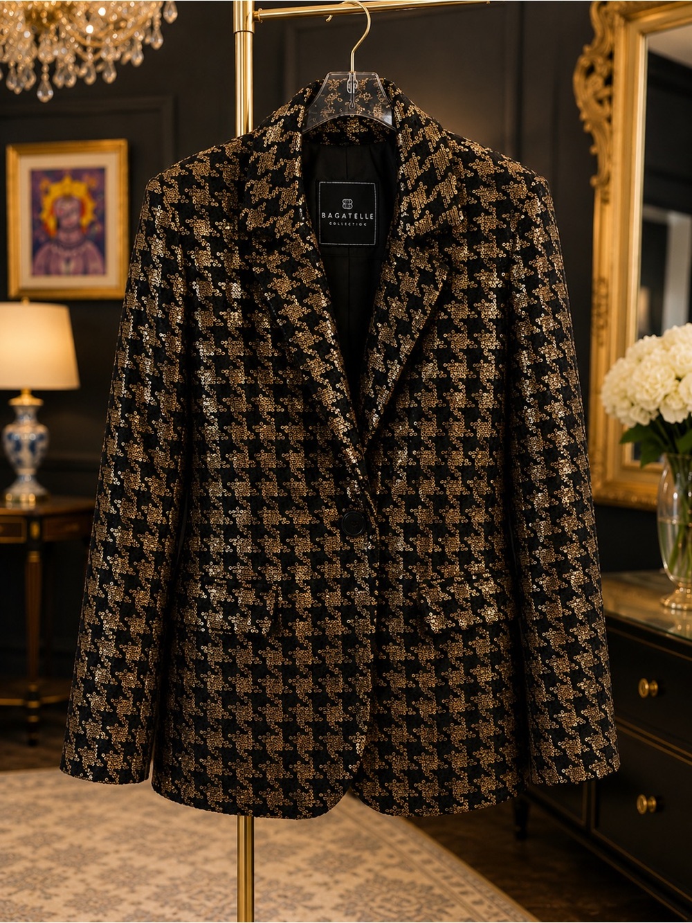bagatelle Black and Gold Houndstooth Sequin Blazer